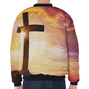 Crucifixion Of Jesus Christ Print Zip Sleeve Bomber Jacket