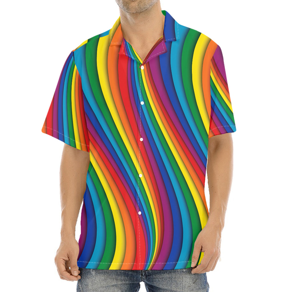 Curved Rainbow Pattern Print Aloha Shirt