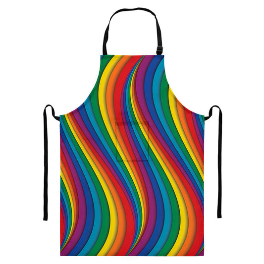 Curved Rainbow Pattern Print Bib Apron With Pocket