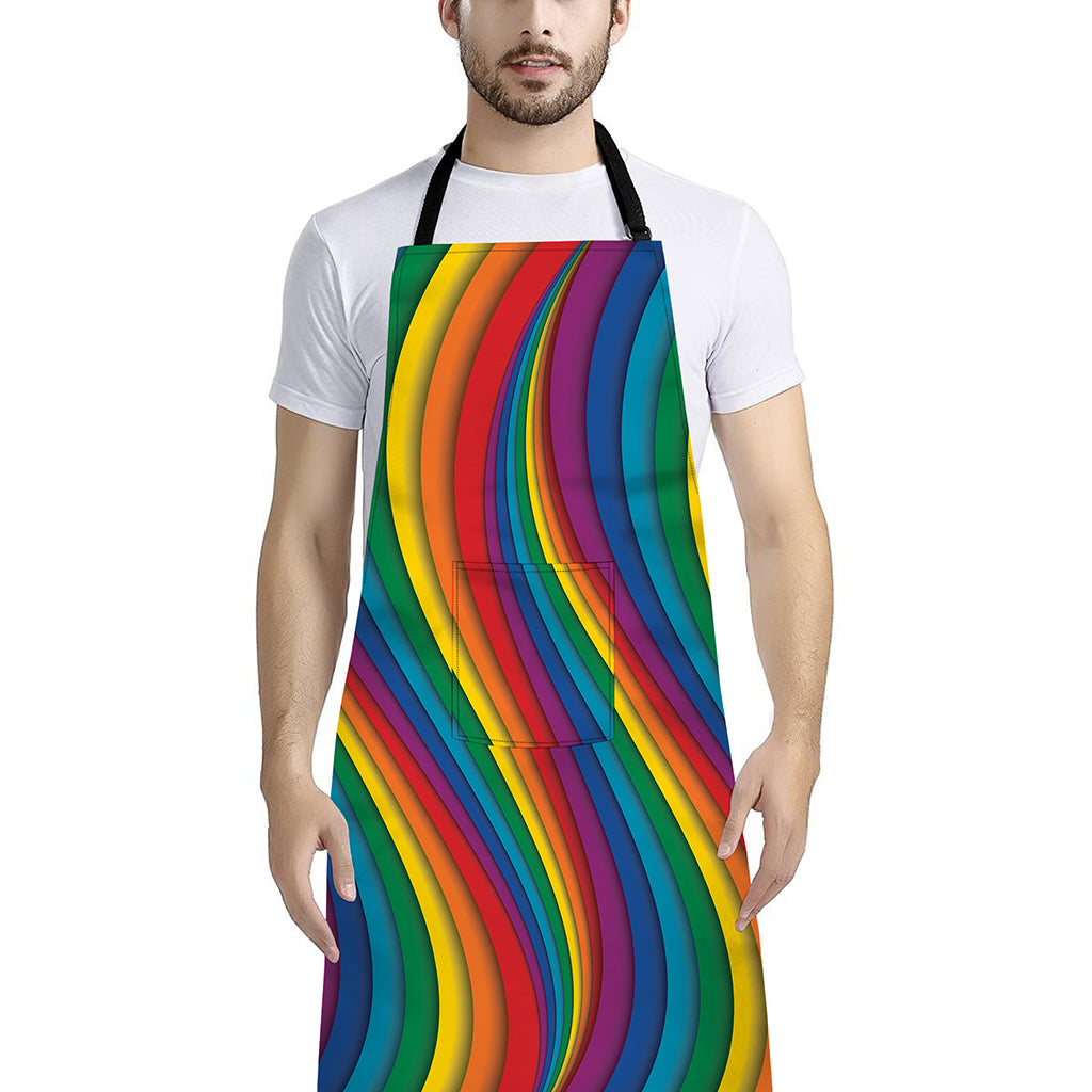Curved Rainbow Pattern Print Bib Apron With Pocket