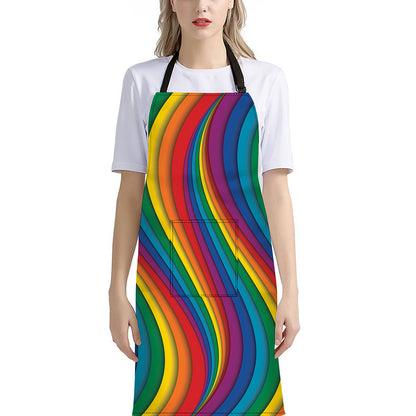 Curved Rainbow Pattern Print Bib Apron With Pocket