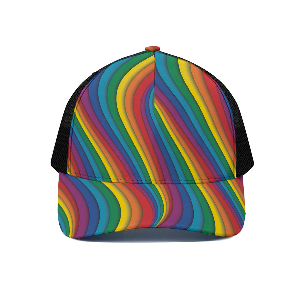 Curved Rainbow Pattern Print Black Mesh Trucker Cap
