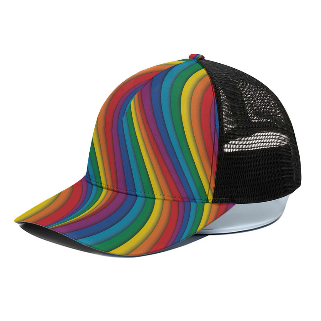Curved Rainbow Pattern Print Black Mesh Trucker Cap