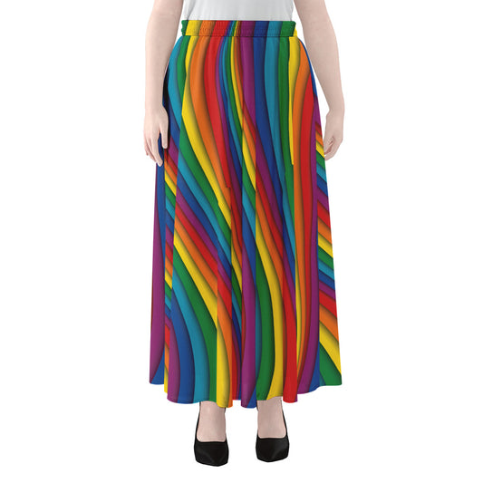 Curved Rainbow Pattern Print Chiffon Maxi Skirt