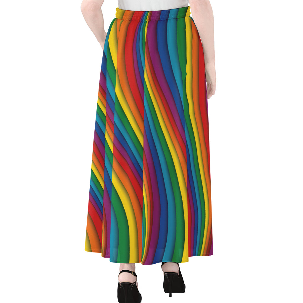 Curved Rainbow Pattern Print Chiffon Maxi Skirt