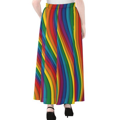 Curved Rainbow Pattern Print Chiffon Maxi Skirt