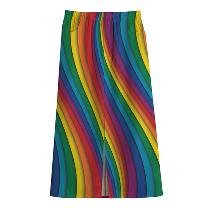 Curved Rainbow Pattern Print Cotton Front Slit Maxi Skirt