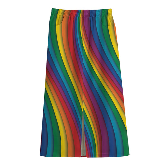 Curved Rainbow Pattern Print Cotton Front Slit Maxi Skirt