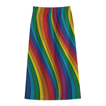 Curved Rainbow Pattern Print Cotton Front Slit Maxi Skirt