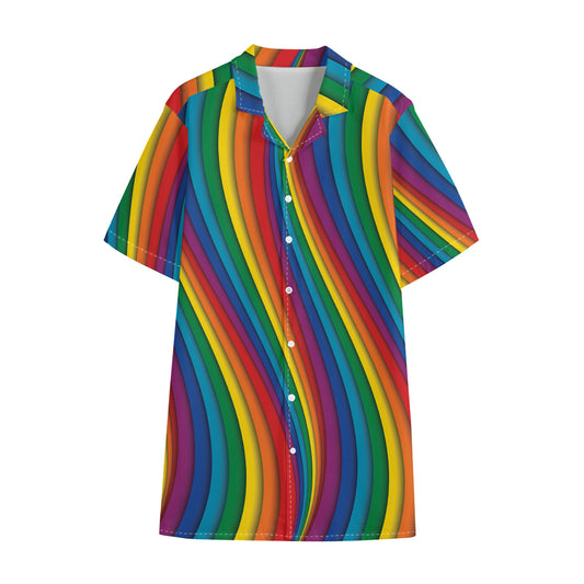 Curved Rainbow Pattern Print Cotton Hawaiian Shirt