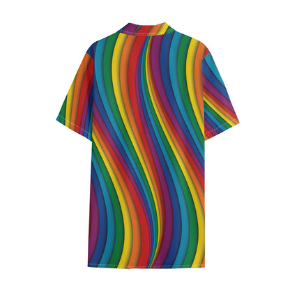 Curved Rainbow Pattern Print Cotton Hawaiian Shirt