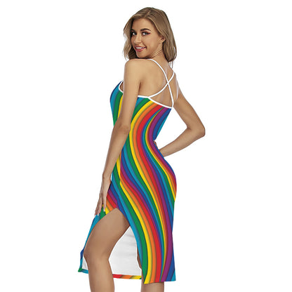 Curved Rainbow Pattern Print Cross Back Cami Dress