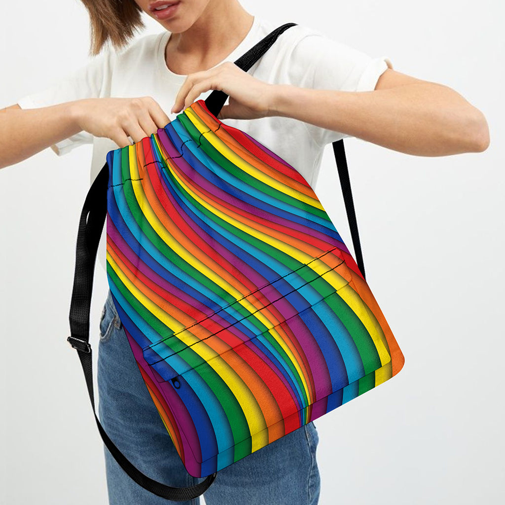 Curved Rainbow Pattern Print Drawstring Backpack