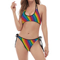 Curved Rainbow Pattern Print Halter Scoop Tie Side Bikini