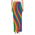 Curved Rainbow Pattern Print High Slit Maxi Skirt