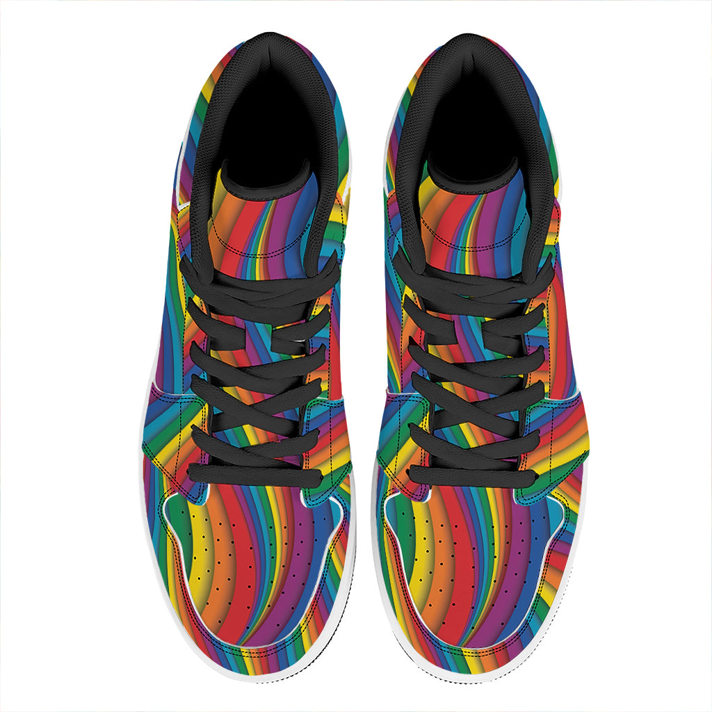 Curved Rainbow Pattern Print High Top Leather Sneakers