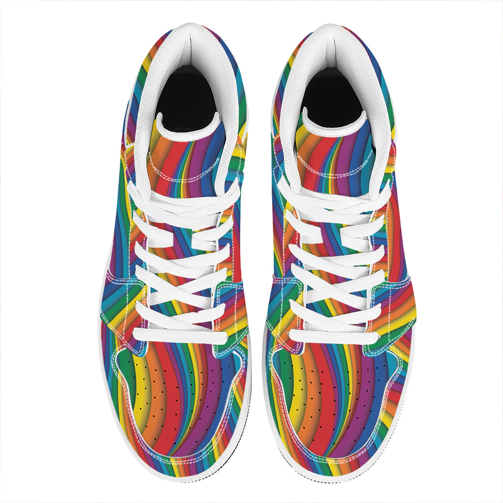 Curved Rainbow Pattern Print High Top Leather Sneakers