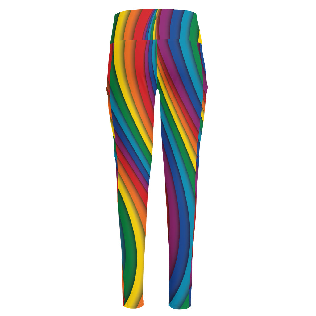 Curved Rainbow Pattern Print High-Waisted Pocket Leggings