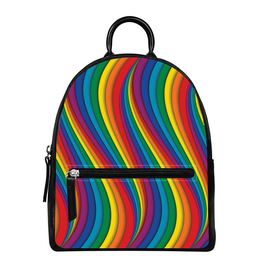 Curved Rainbow Pattern Print Leather Backpack