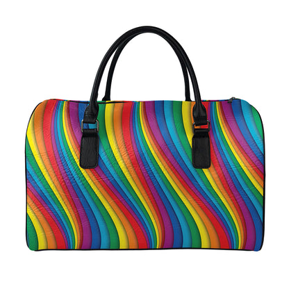 Curved Rainbow Pattern Print Leather Duffle Bag