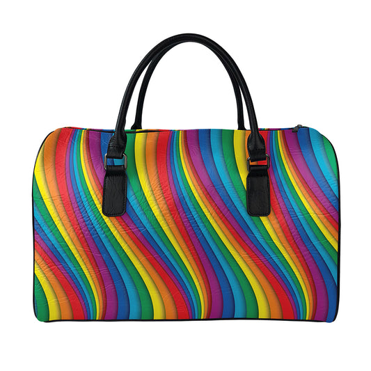 Curved Rainbow Pattern Print Leather Duffle Bag