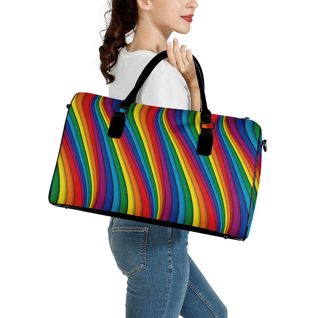 Curved Rainbow Pattern Print Leather Duffle Bag