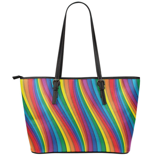 Curved Rainbow Pattern Print Leather Tote Bag