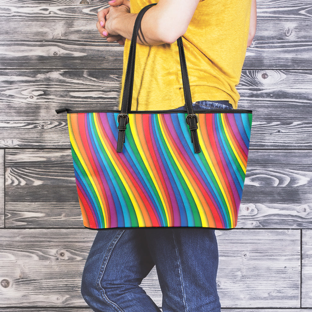 Curved Rainbow Pattern Print Leather Tote Bag