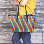Curved Rainbow Pattern Print Leather Tote Bag