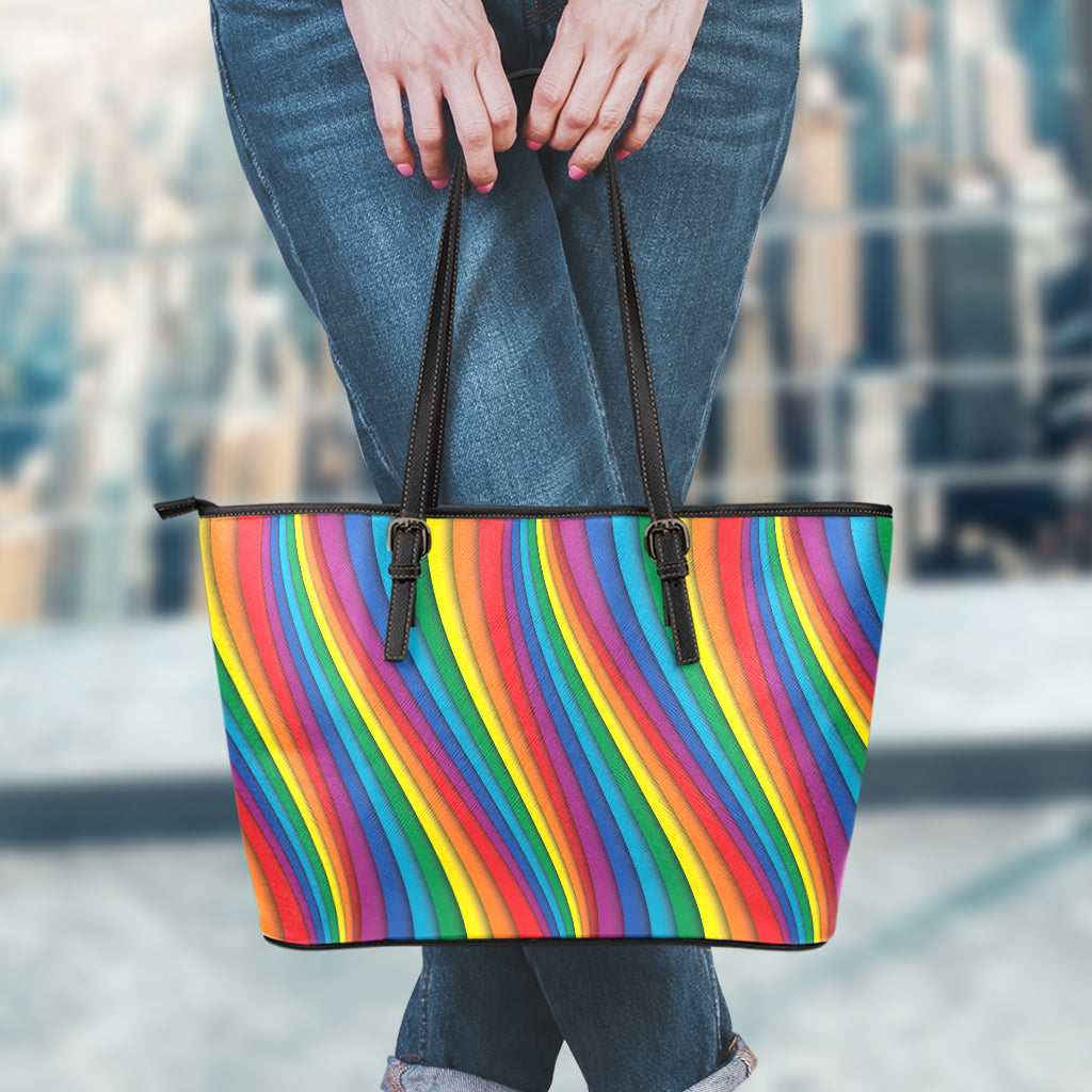 Curved Rainbow Pattern Print Leather Tote Bag