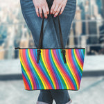 Curved Rainbow Pattern Print Leather Tote Bag