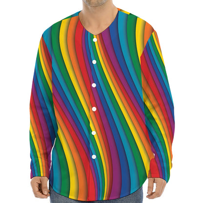 Curved Rainbow Pattern Print Long Sleeve Baseball Jersey
