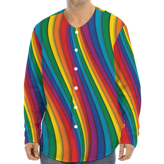 Curved Rainbow Pattern Print Long Sleeve Baseball Jersey
