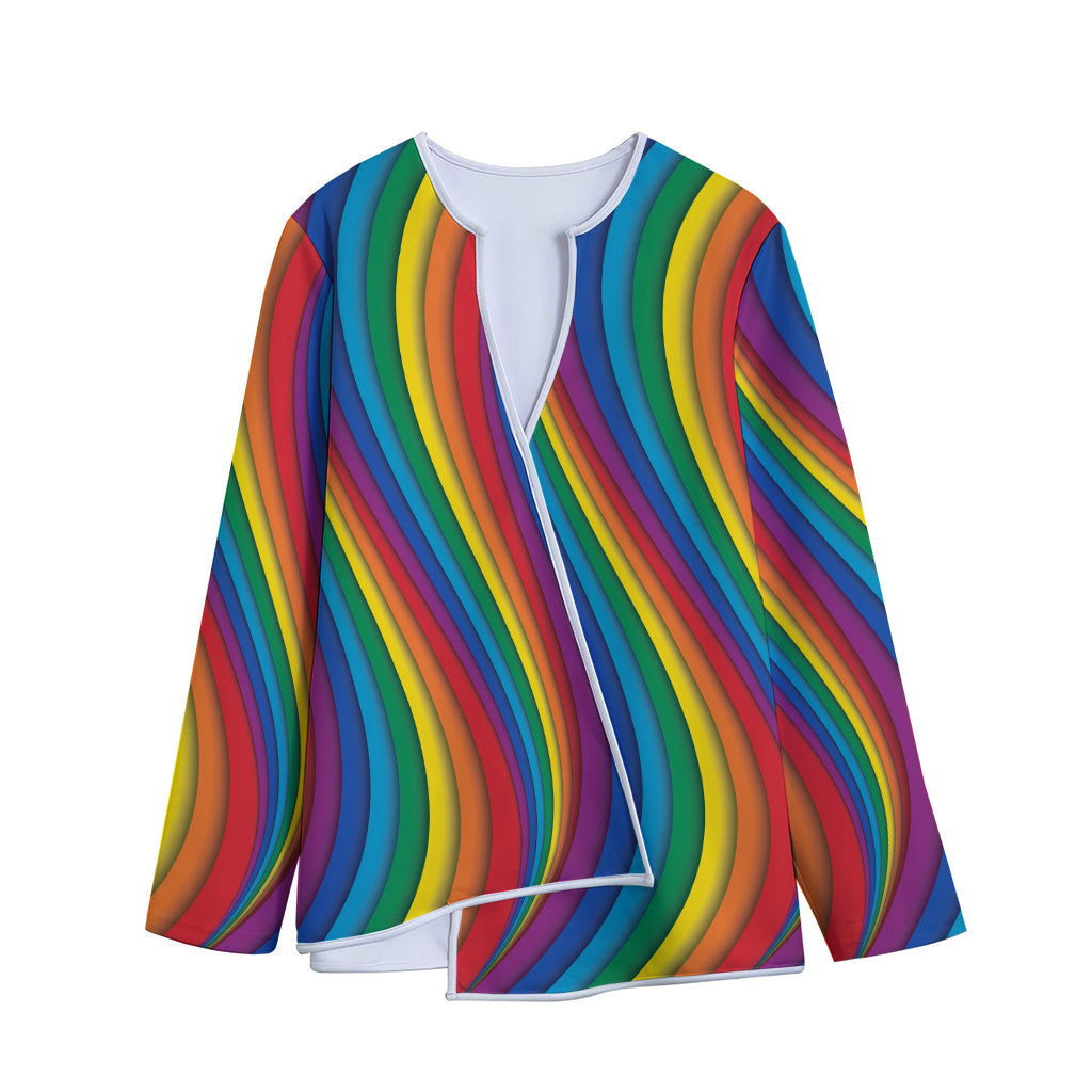 Curved Rainbow Pattern Print Long Sleeve Short Coat