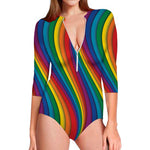 Curved Rainbow Pattern Print Long Sleeve Swimsuit