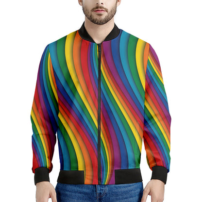 Curved Rainbow Pattern Print Men's Bomber Jacket
