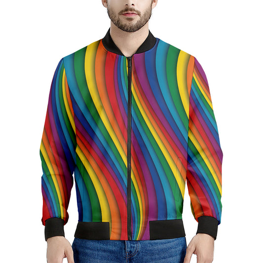 Curved Rainbow Pattern Print Men's Bomber Jacket