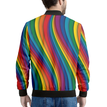 Curved Rainbow Pattern Print Men's Bomber Jacket