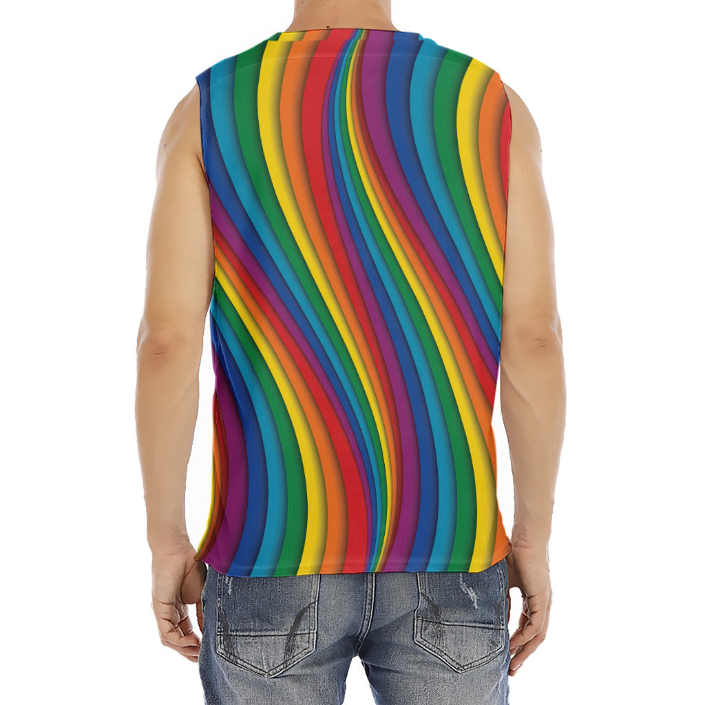 Curved Rainbow Pattern Print Men's Fitness Tank Top