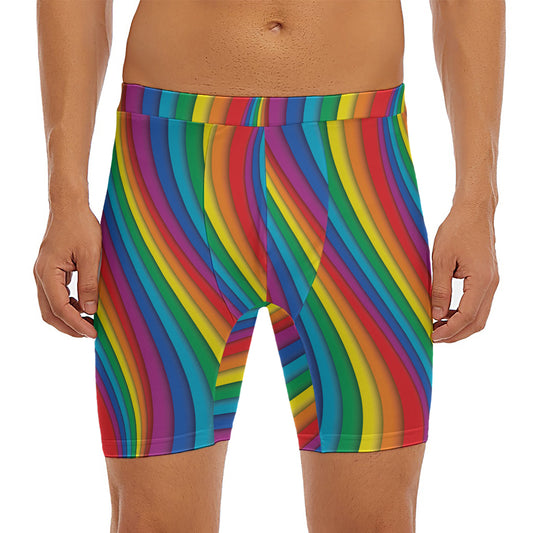 Curved Rainbow Pattern Print Men's Long Boxer Briefs