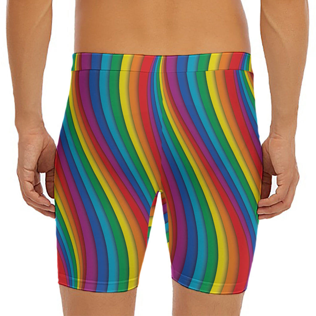 Curved Rainbow Pattern Print Men's Long Boxer Briefs