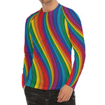 Curved Rainbow Pattern Print Men's Long Sleeve Rash Guard