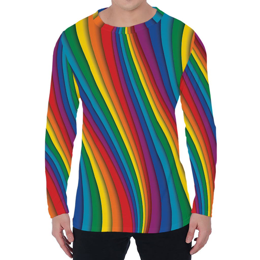 Curved Rainbow Pattern Print Men's Long Sleeve T-Shirt