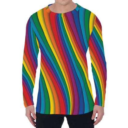 Curved Rainbow Pattern Print Men's Long Sleeve T-Shirt