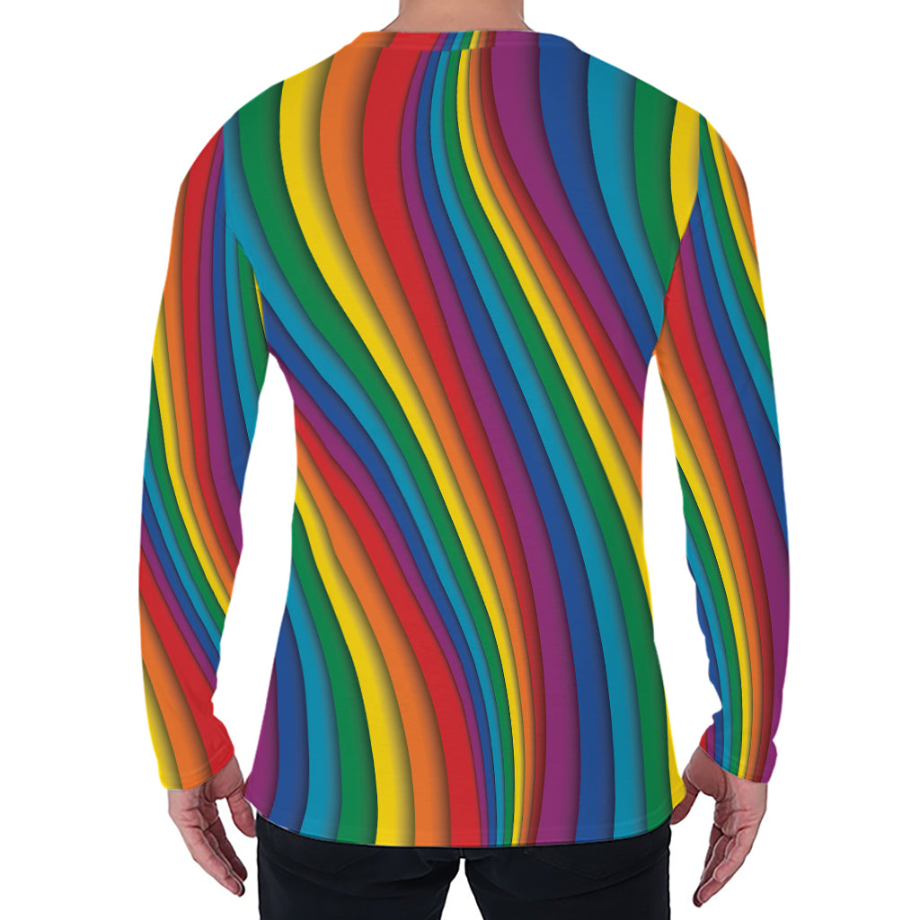 Curved Rainbow Pattern Print Men's Long Sleeve T-Shirt