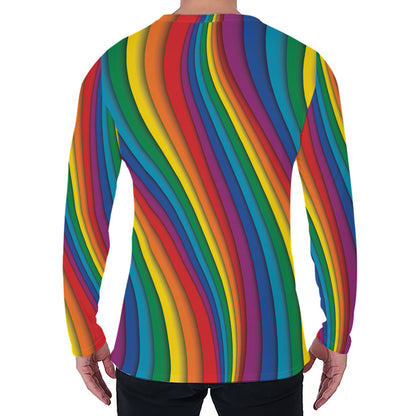 Curved Rainbow Pattern Print Men's Long Sleeve T-Shirt