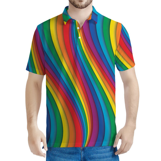 Curved Rainbow Pattern Print Men's Polo Shirt