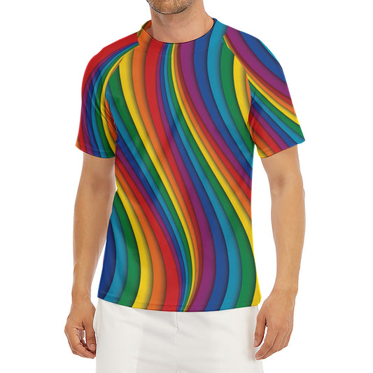 Curved Rainbow Pattern Print Men's Short Sleeve Rash Guard