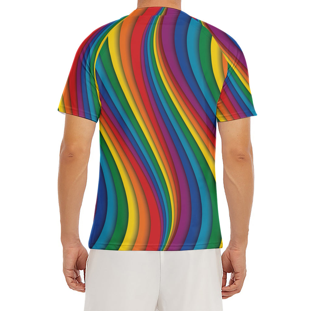 Curved Rainbow Pattern Print Men's Short Sleeve Rash Guard