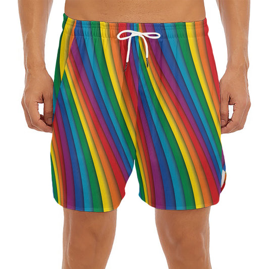 Curved Rainbow Pattern Print Men's Split Running Shorts